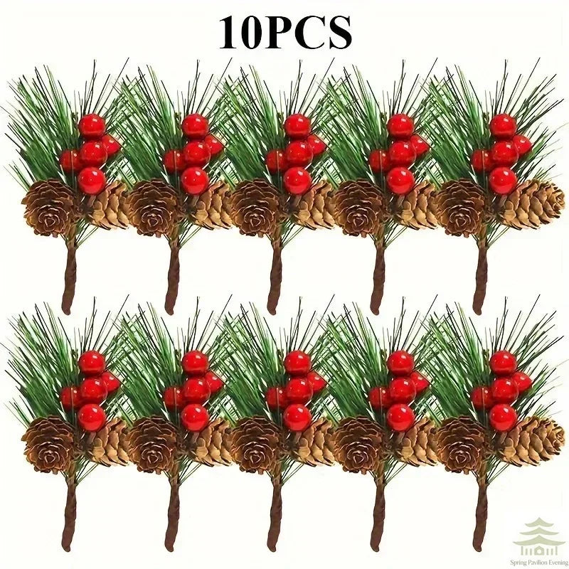 10pcs Set of Artificial Pine Cones and Red Berries - Perfect for
