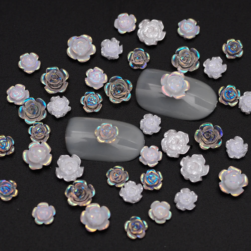 3D White Aurora Camellia Nail Art Charms Rhinestones 90PCS Jewelry