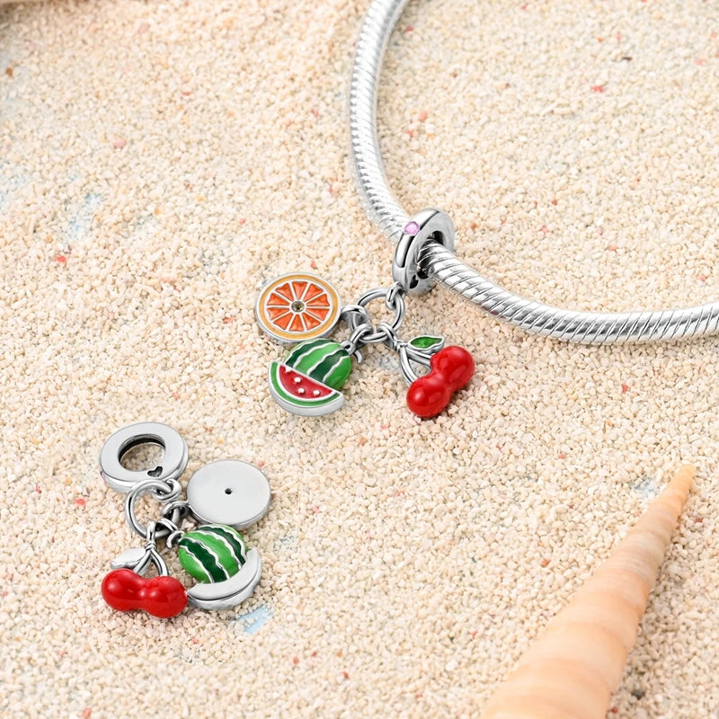 New 925 Silver Color Strawberry Cherry Fruit Series Charms Beads Fit