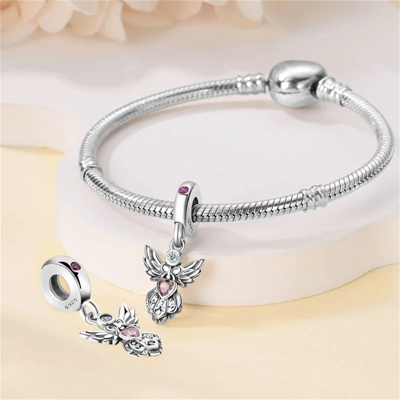Classic Silver Plated Lotus Guardian Angel Heart-Shaped Zircon Charms