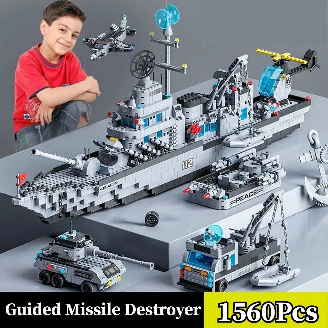 1560pcs 6 IN 1 Military Navy Ship Sets Building Blocks War Army Boat