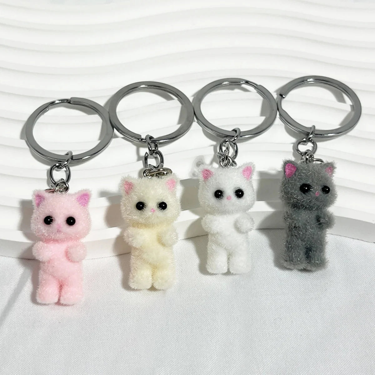 3D Cartoon Flocking Cat Keychain Kawaii Cat Key Ring Animal Key Chains