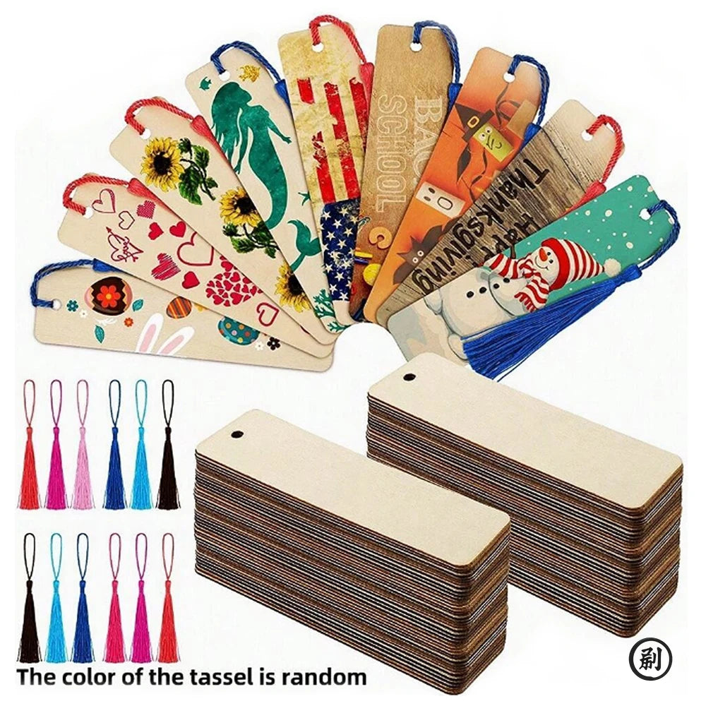 10/30/50/70Pcs Wooden Blank Bookmarks with Tassels Set DIY Wooden