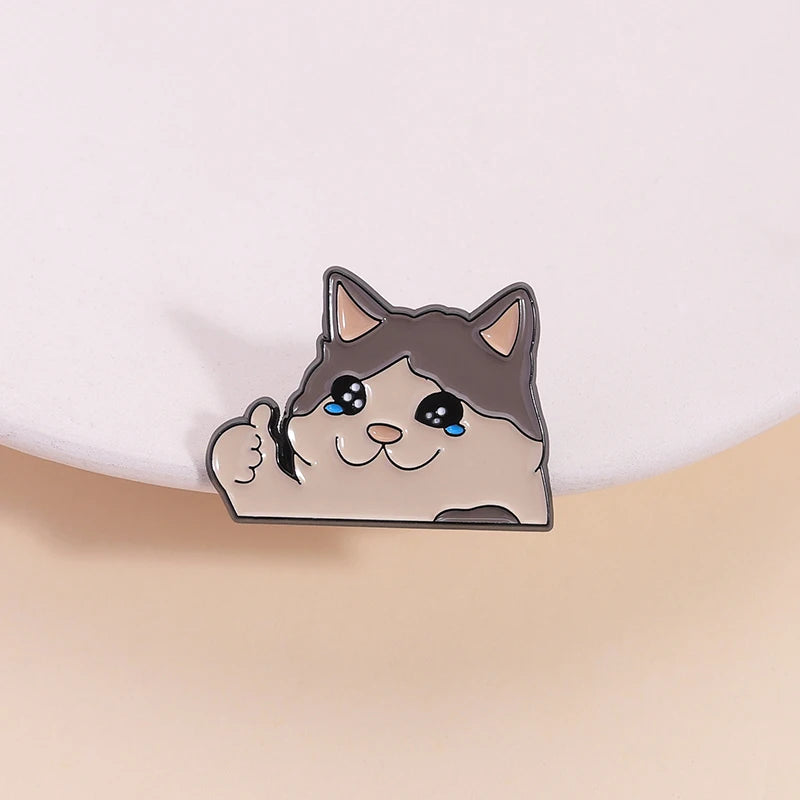 Thumb Up Crying Cat Enamel Pin Kawaii Humorous Animal Brooch Lapel
