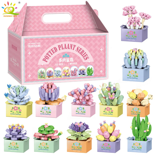HUIQIBAO MOC Flower Succulent Potted Model Building Block DIY Eternal