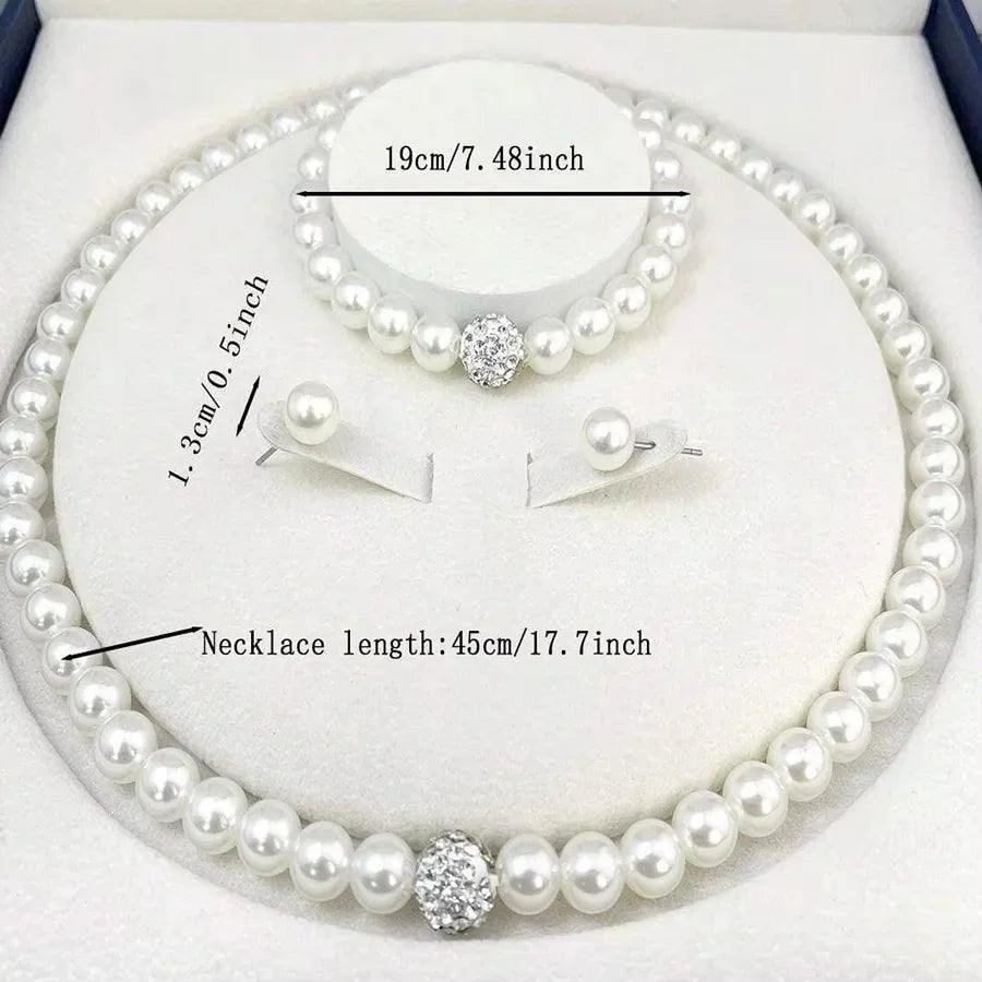 3 PCS Imitation Pearl Fireball Necklace Bracelet Earring Stud Jewelry