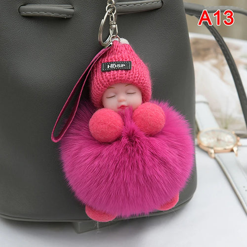Pompom Sleeping Baby Keychain Cute Fluffy Plush Doll Keyholder Women