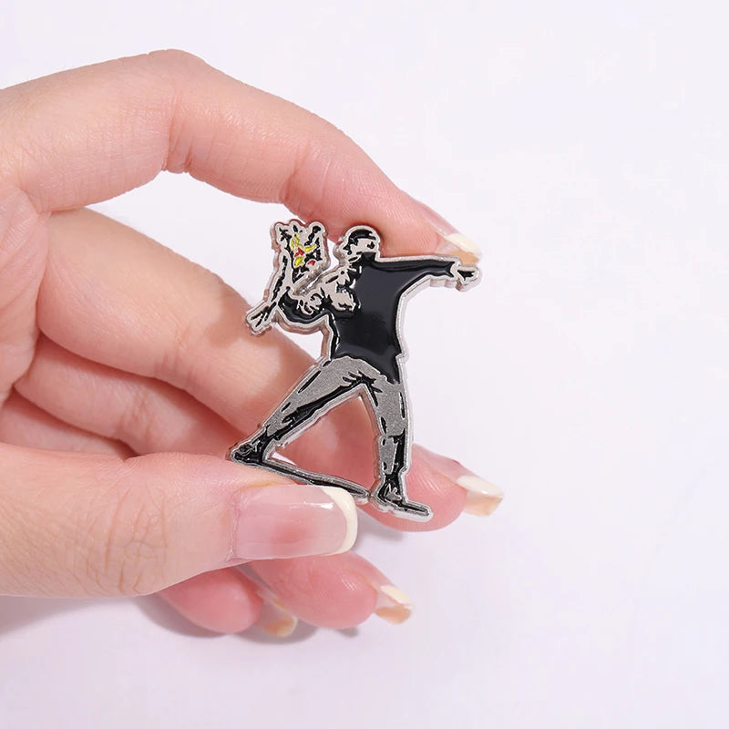 Classic Banksy Art Design Collection Brooch Enamel Pin Flower Thrower