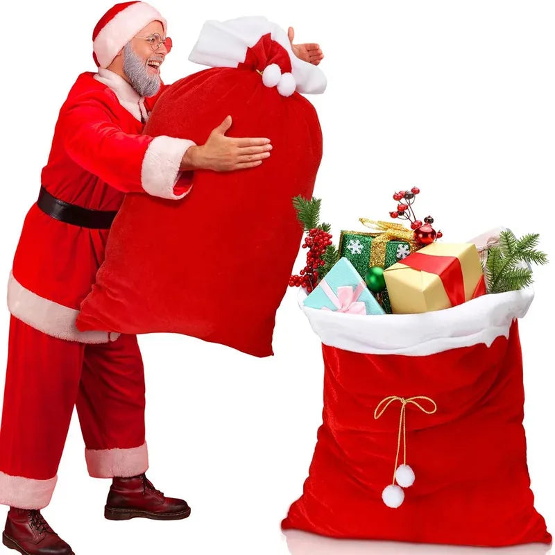 Large Red Velvet Christmas Bag with White Pompom , Fluffy Gift Storage