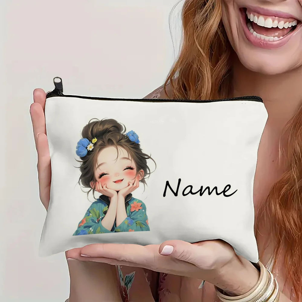 Custom Name Vintage Cute Girl Pattern Makeup Bag Handbag Toiletry Bag