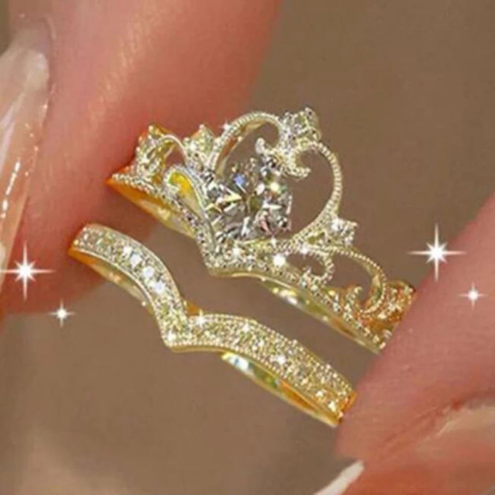 2PCS Fairy Sparkling Crown Rings for Women Teen Crystal Korean