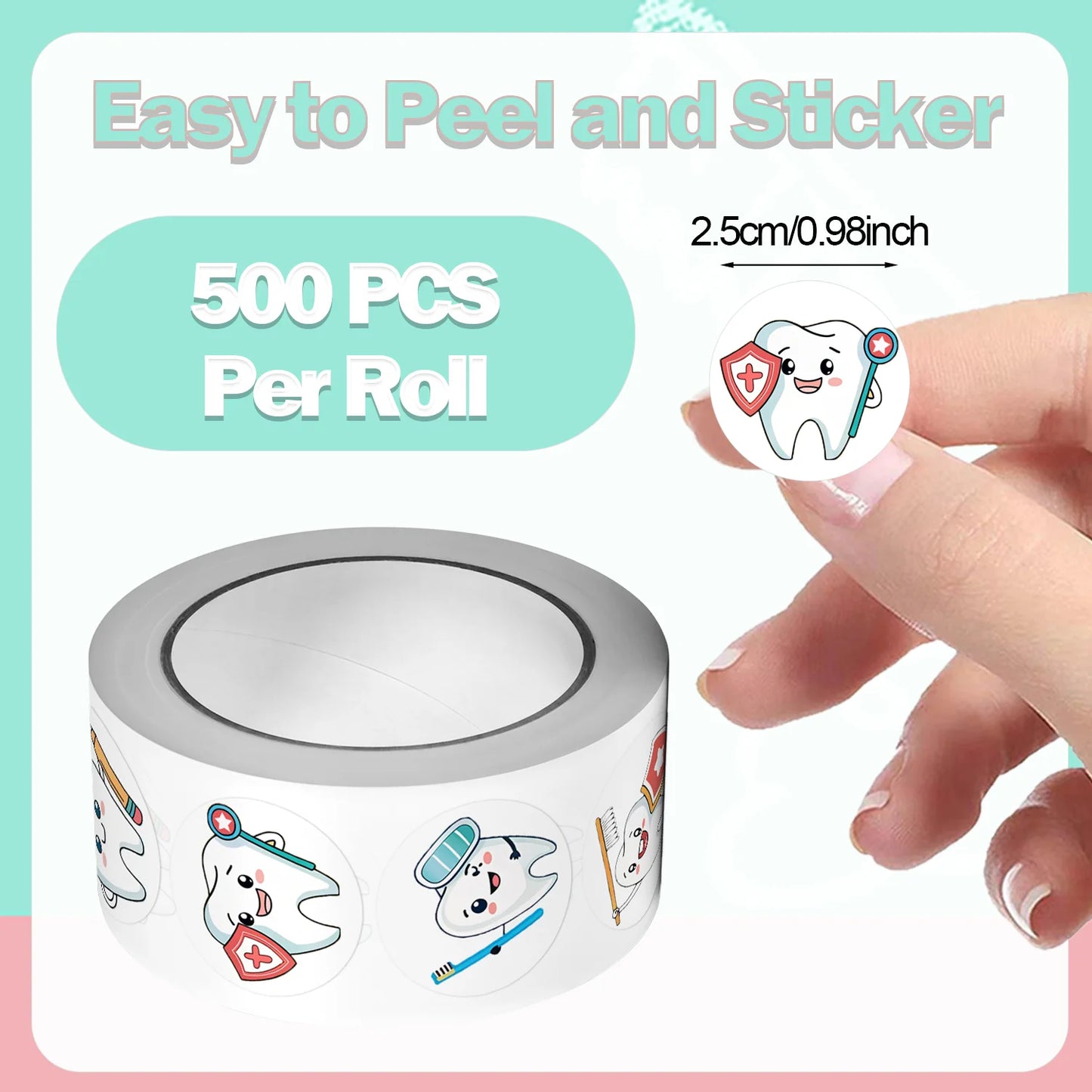 1Roll(500Pcs) Take Care of Teeth Dental Defender Stickers 2.5cm/1.0''