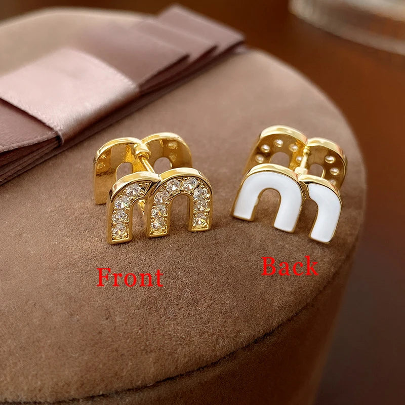 Letter M-shape Zircon Hoop Earrings for Women Oil Dripping