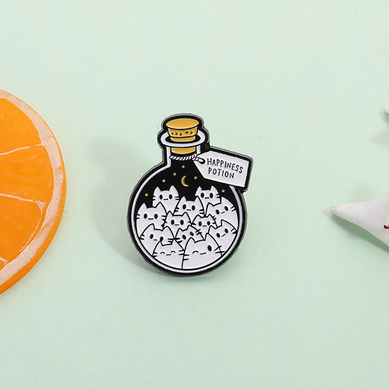 Cartoon Cat Happiness Potion Enamel Pin Cat Enthusiasts Metal Brooch