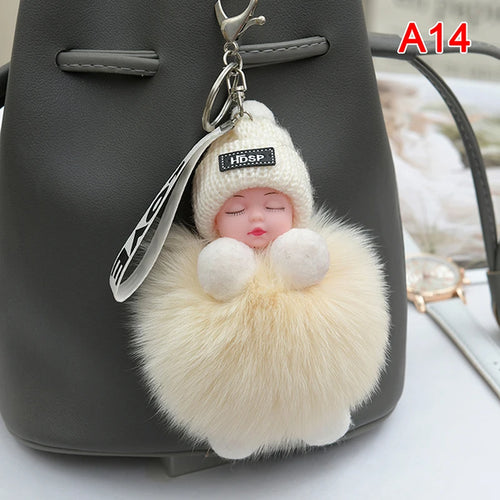 Pompom Sleeping Baby Keychain Cute Fluffy Plush Doll Keyholder Women