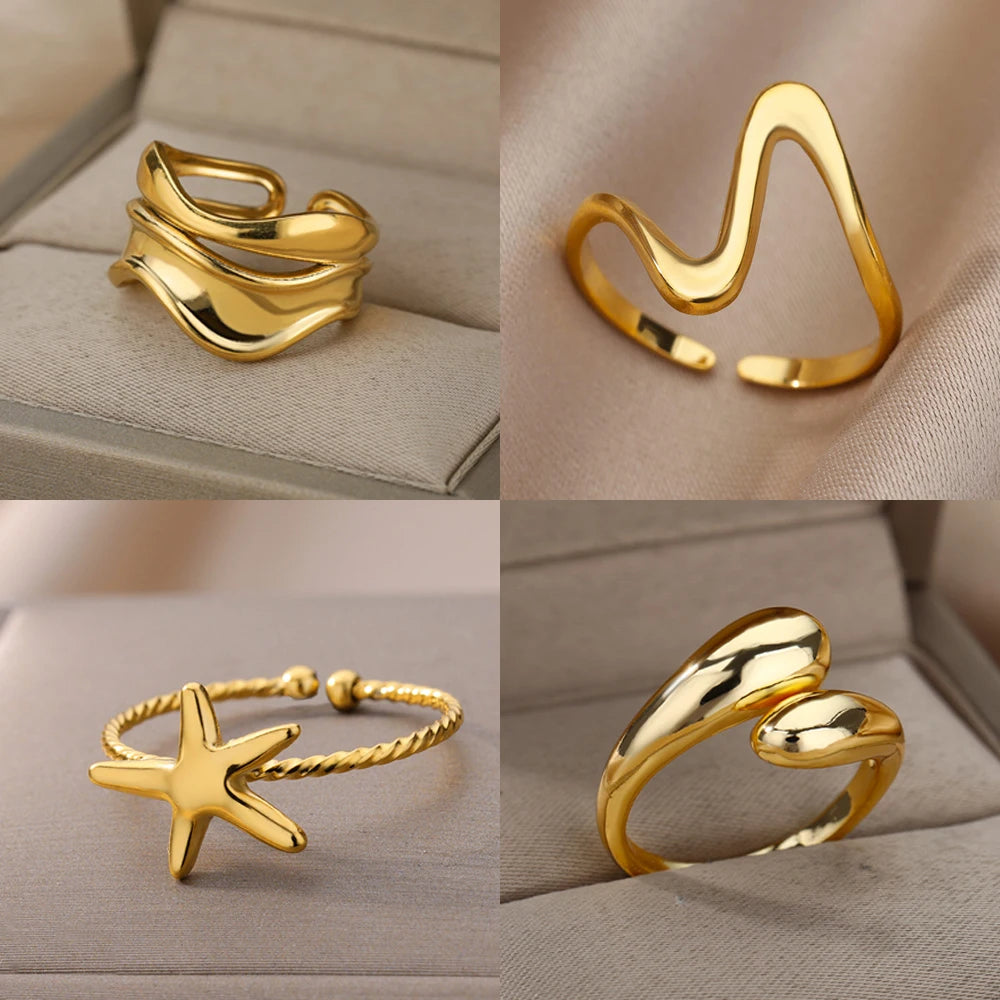 Stainless Steel Rings for Women Waterproof Open Gold Color Ring