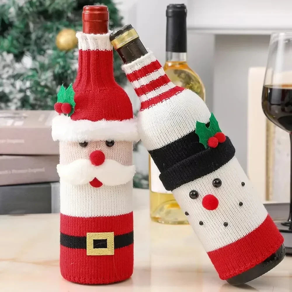 Christmas Wine Bottle Cover Set Santa Snowman Woven Wine Bottle Bags