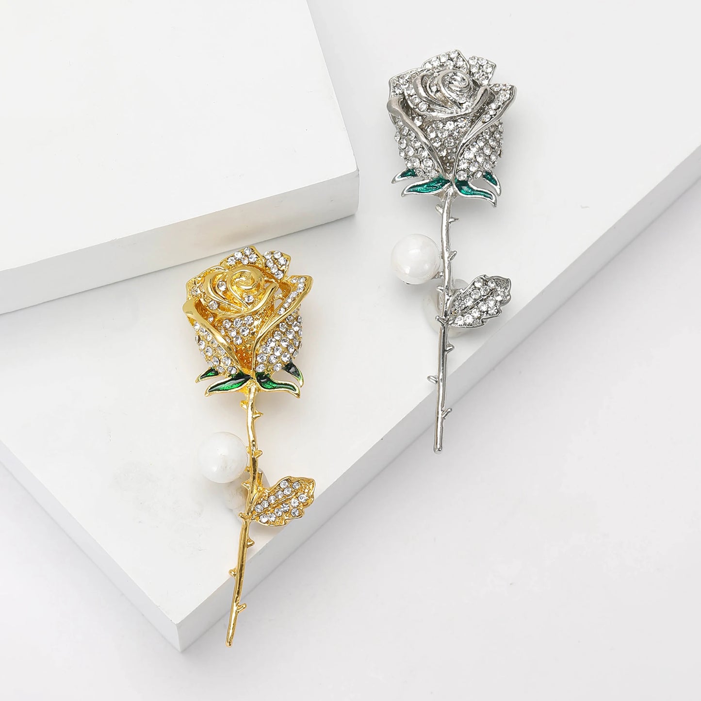 Classic Rhinestone Rose Brooches for Women Unisex Pearl Plant Pins