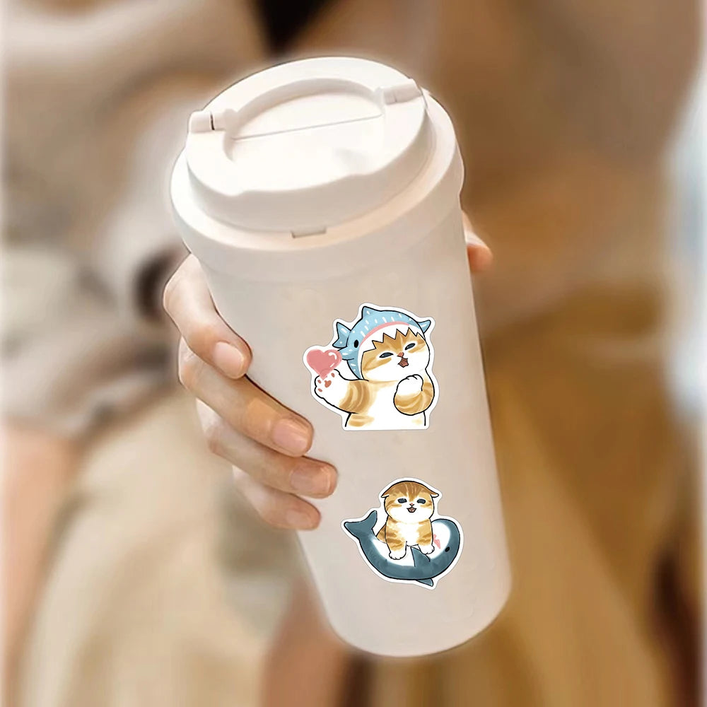 10/30/50PCS Cute Shark Hooded Fun Cat Stickers Decals Decoration