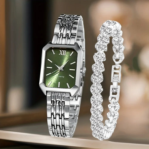 2PCS Fashion Rectangle Women Quartz Watch Rhinestone Bracelet Set