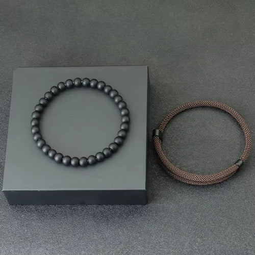 2 PCS Sleek Minimalist Black Beaded Bracelet Rope Bracelet Mixed