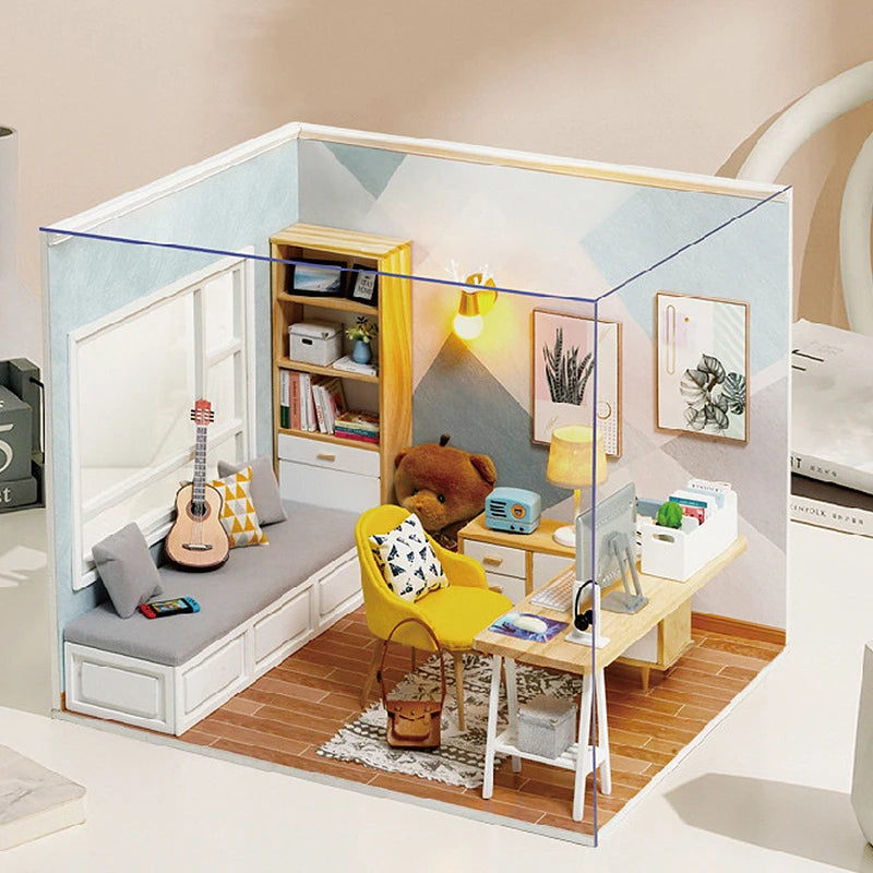 Wooden Miniature Doll House DIY Small House Kit Making Room Toys 3D