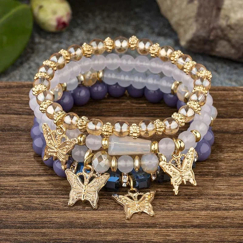 4Pcs Trendy Butterfly Beaded Bracelet Set For Women Pink Acrylic Beads