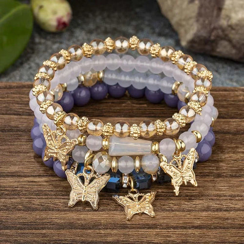 4Pcs Trendy Butterfly Beaded Bracelet Set For Women Pink Acrylic Beads