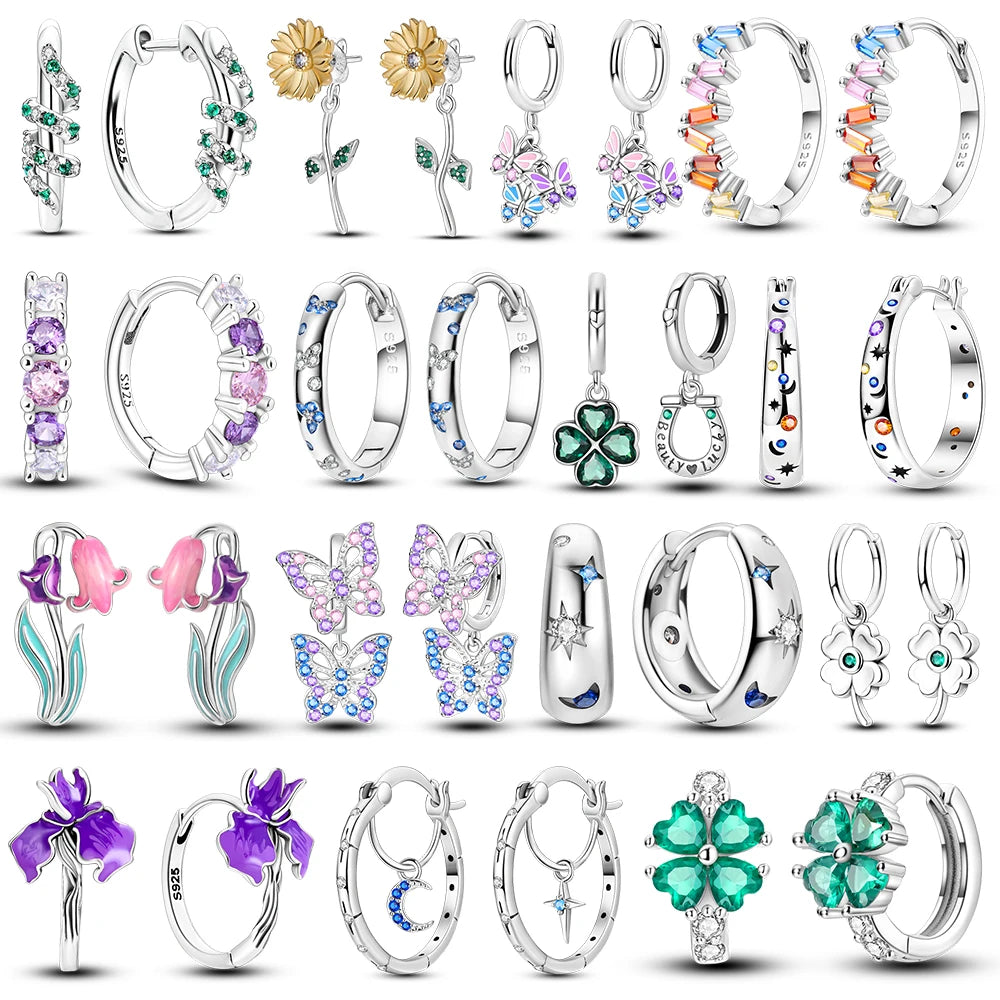 925 Sterling Silver Colored Zirconium Stars Hoop Earrings For Women