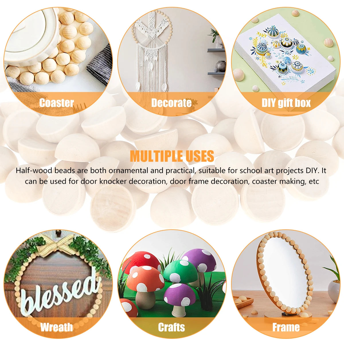 100pcs Half Wooden Beads Unfinished Half Round Wooden Balls Split