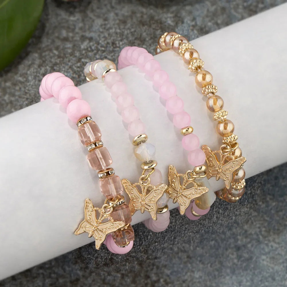4Pcs Trendy Butterfly Beaded Bracelet Set For Women Pink Acrylic Beads