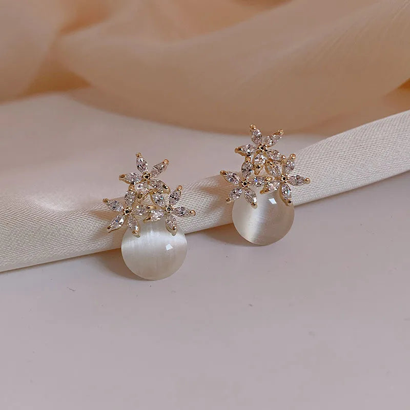 Flower Rhinestones Opal Stud Earrings for Women Small Exquisite Sweet