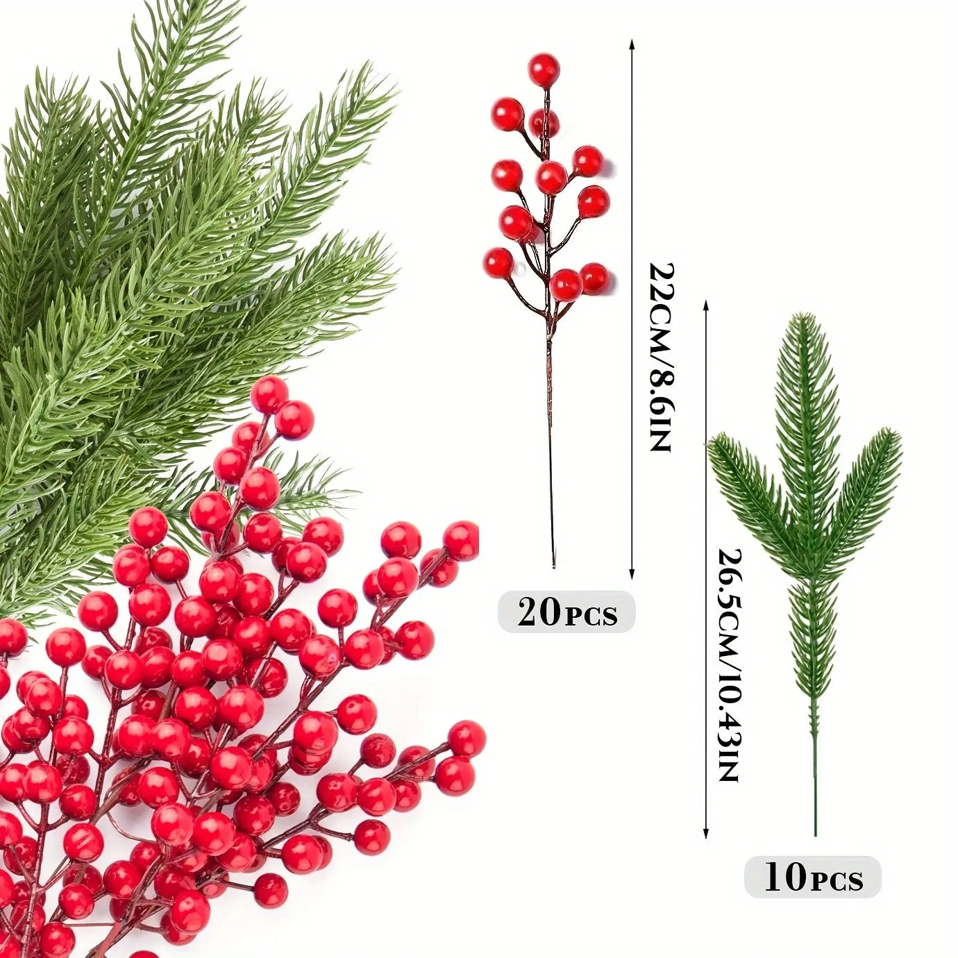 10Pcs Christmas Decoration Artificial Pine Branches Holly Berries Red
