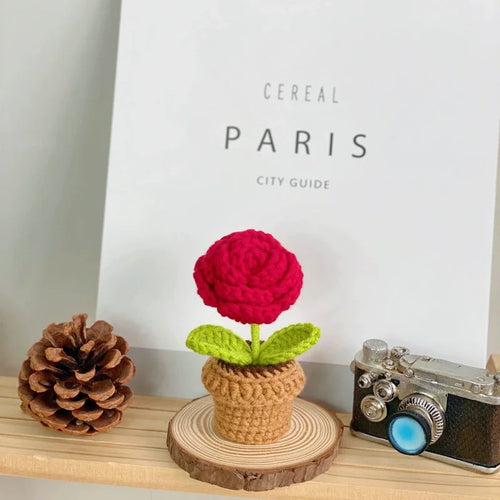 Handmade Knitted Flower Pot Red Heart Shaped Knit Imitation Potted
