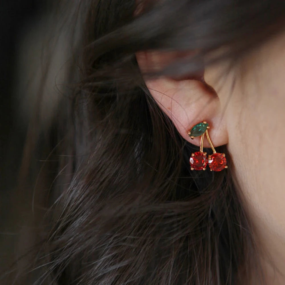 2024 Red Zircon Cherry Leaf Stud Earrings Women Piercing Jewelry For