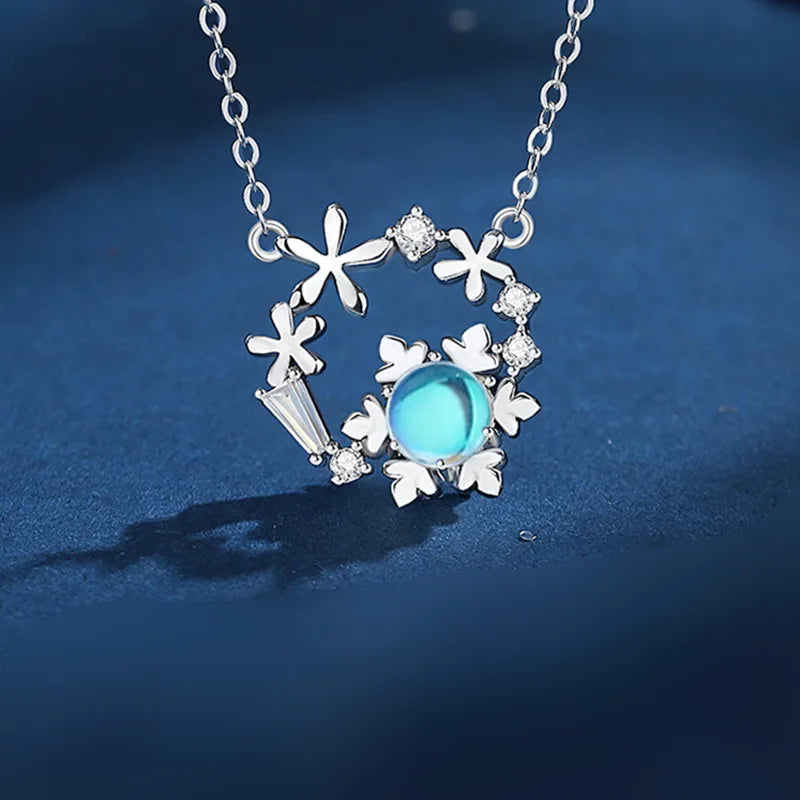 Fashion Blue Snowflake Flower Pendant Choker Necklace for Women's