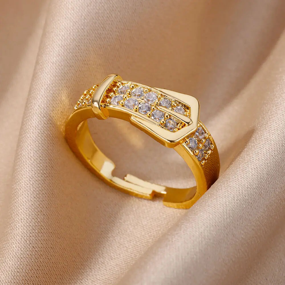 Stainless Steel Belt Rings For Women Zircon Adjustable Belt Finger