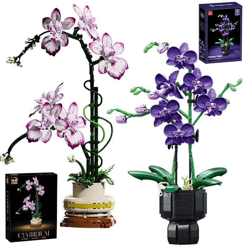 Creative Orchid Cymbidium Eternal Flowers Potted Plant Building Blocks