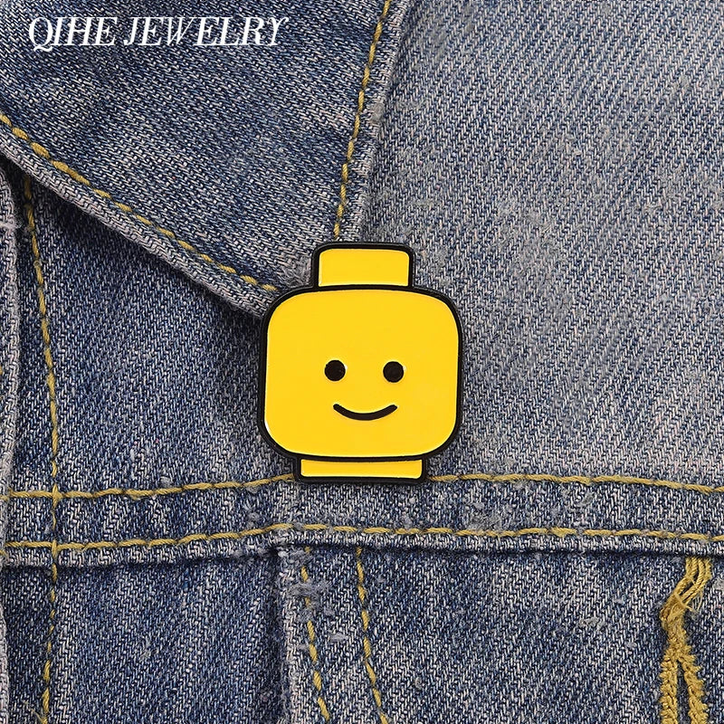 Funny Yellow Emoji Building Blocks Puppet Brooch Enamel Pins Cartoon