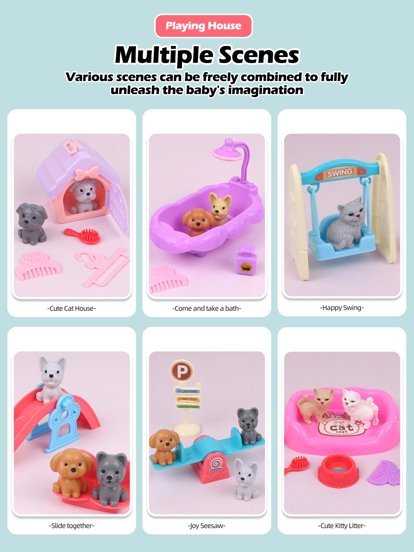 8pcs/set Cute Dog Pet Basket Family Toys Dog Doll Set Dog Cage Toys