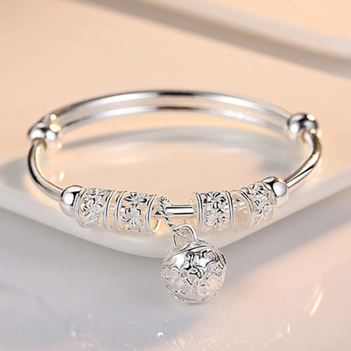Fine Silver Color Hollow Bells Ball Bangles Adjustable Bracelets for