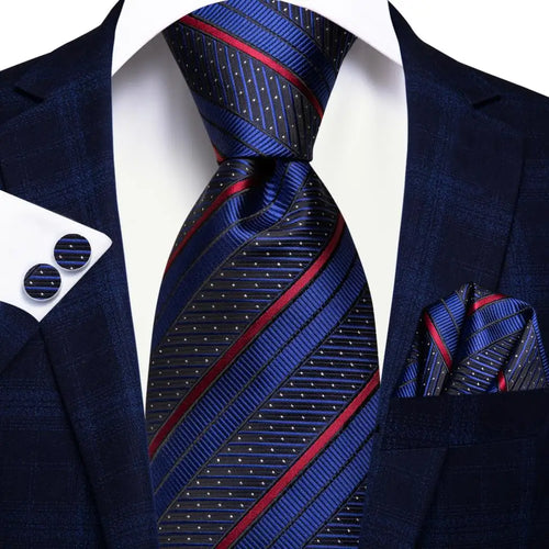Black Red Striped Silk Wedding Tie For Men Handky Cufflink Gift Men
