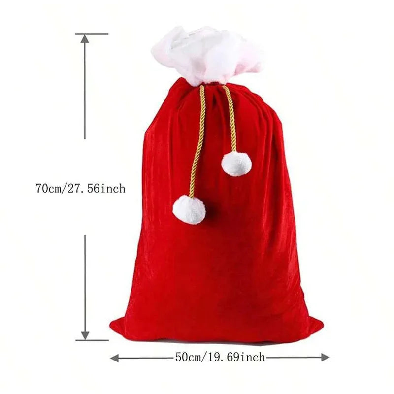 Large Red Velvet Christmas Bag with White Pompom , Fluffy Gift Storage