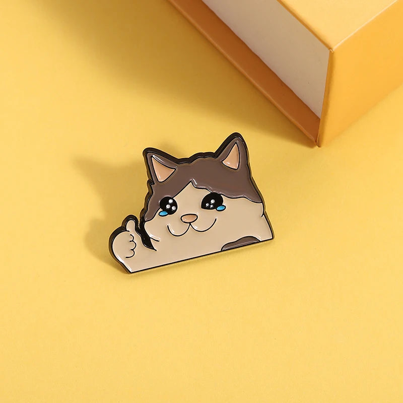 Thumb Up Crying Cat Enamel Pin Kawaii Humorous Animal Brooch Lapel