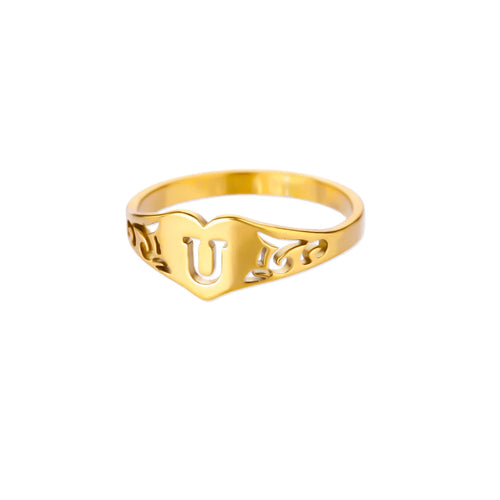 Fashion Hollow Initial Letter Heart Rings For Women Gold Color