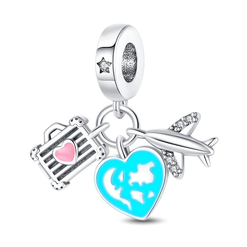 925 Silver Travel Airplane Passport Charms Beads Pendants Fit Original