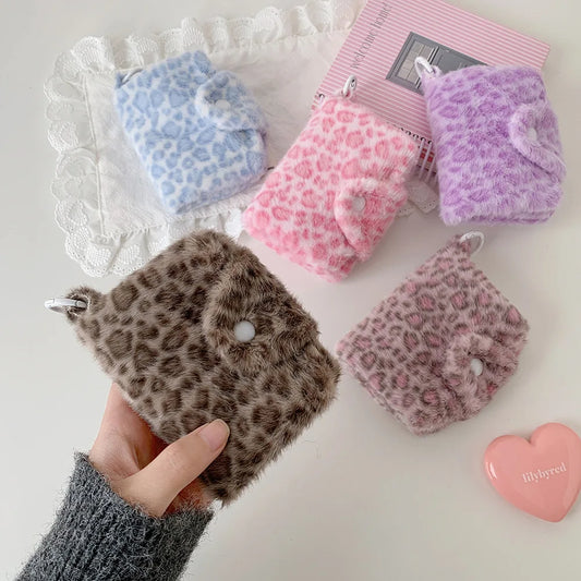 New Fashion Plush Leopard Pattern Snap Card Bag for Girls Mini Storage