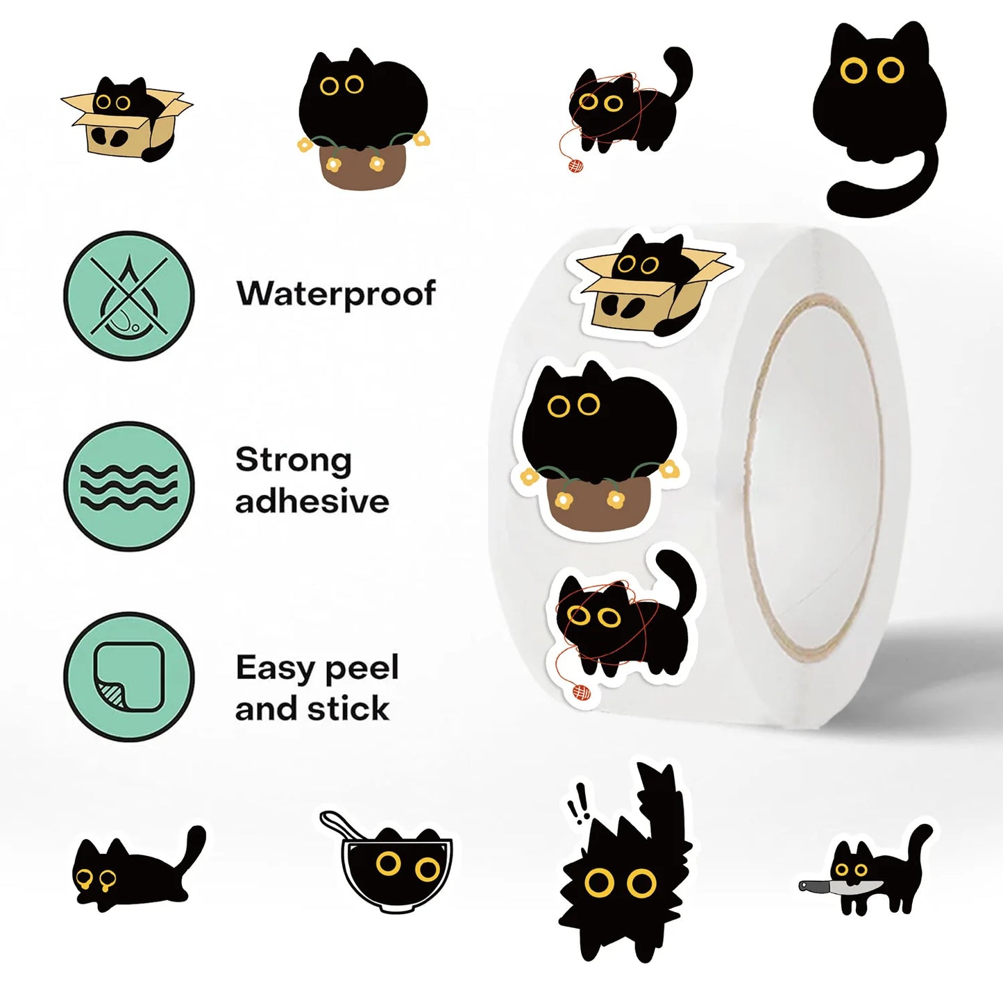 500PCS Ten Different Patterns Black Cat Roll Stickers Small Pattern