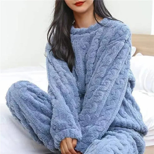 Soft Coral Velvet Jacquard Warm Pajama Set for Women Cozy Loungewear