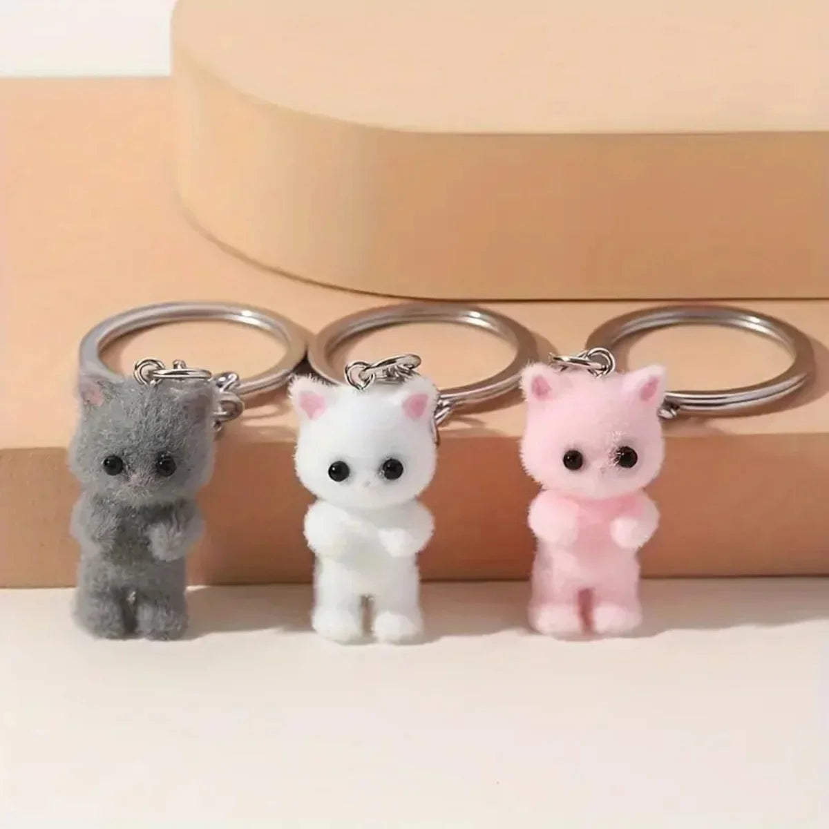 3D Cartoon Flocking Cat Keychain Kawaii Cat Key Ring Animal Key Chains